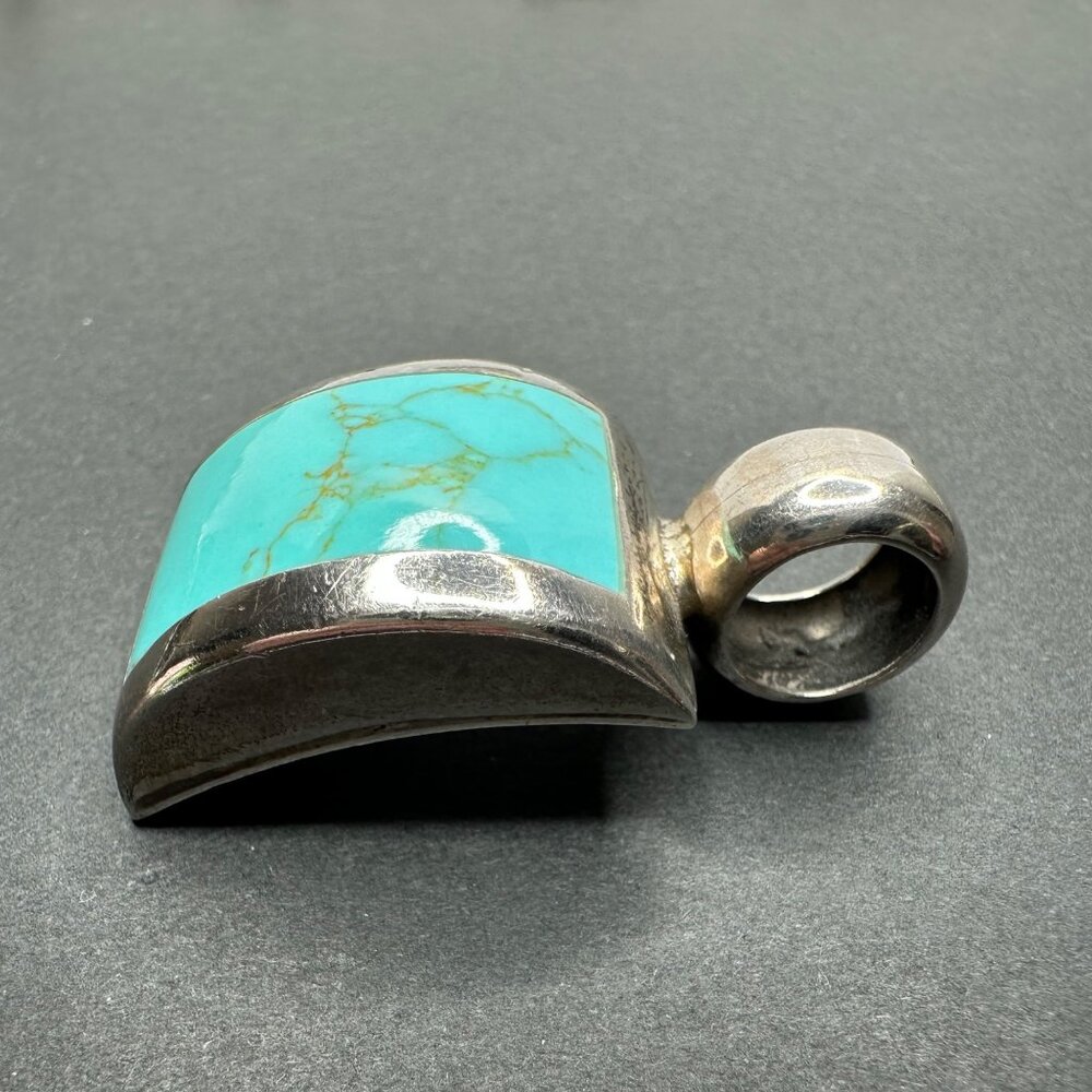 Sterling 925 Silver Turquoise Inlay Curved Necklace Pendant 16g Boho Southwest - Picture 4 of 9